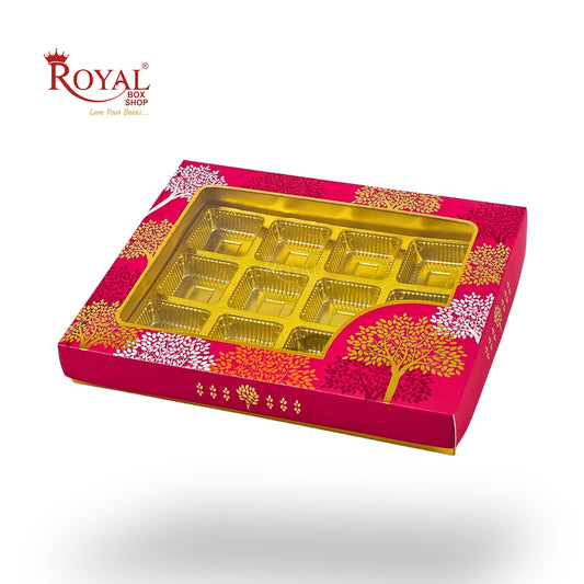 RoyalBoxShop® 12 Cavity Chocolate Box | RCH-12 D3 | Window Lid | Golden Tray