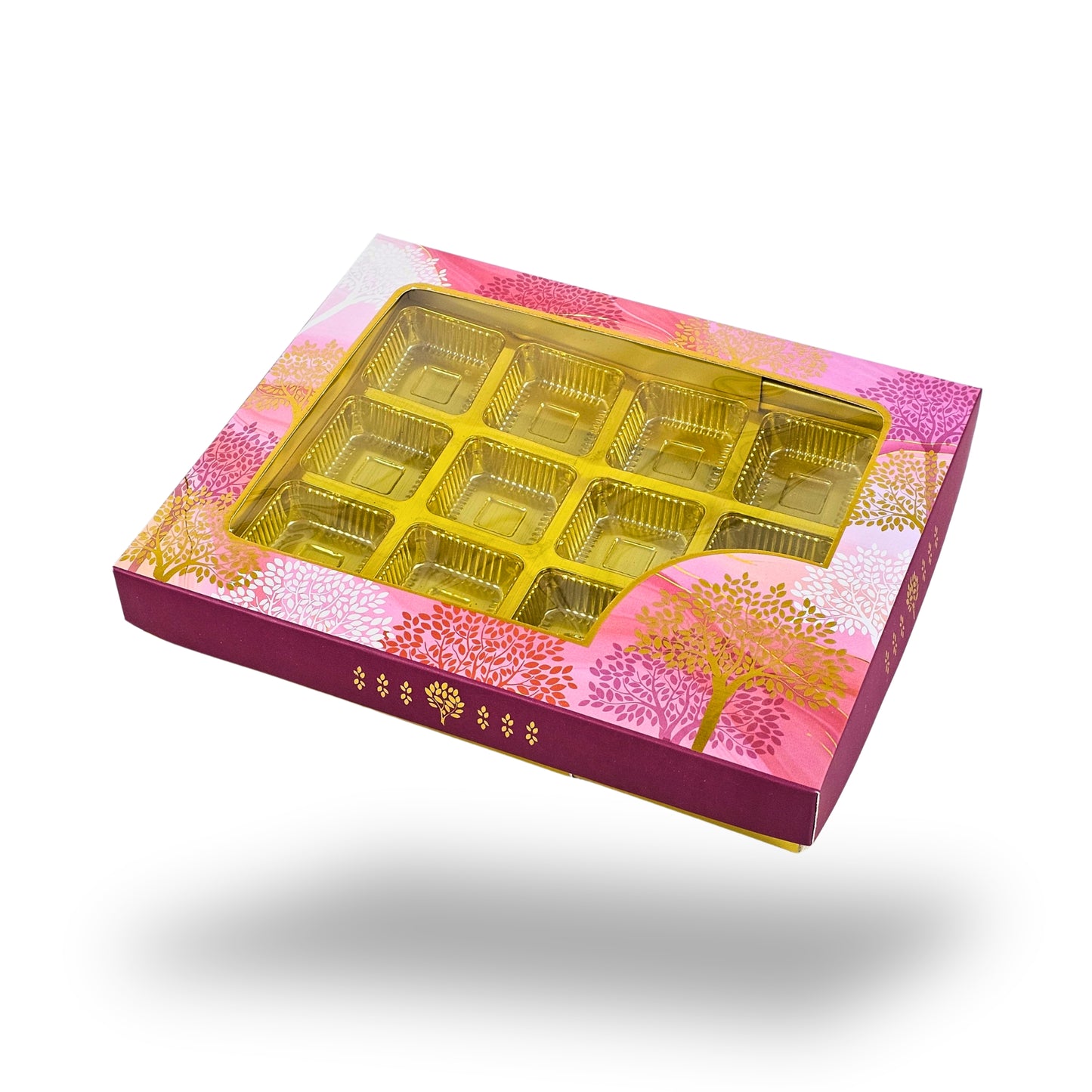 RoyalBoxShop® 12 Cavity Chocolate Box | RCH-12 D5 | Window Lid | Golden Tray