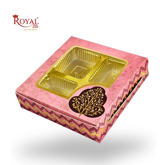 Premium 4 Chocolate Box with Golden Tray | 3.75x3.75x1 inches | Pink
