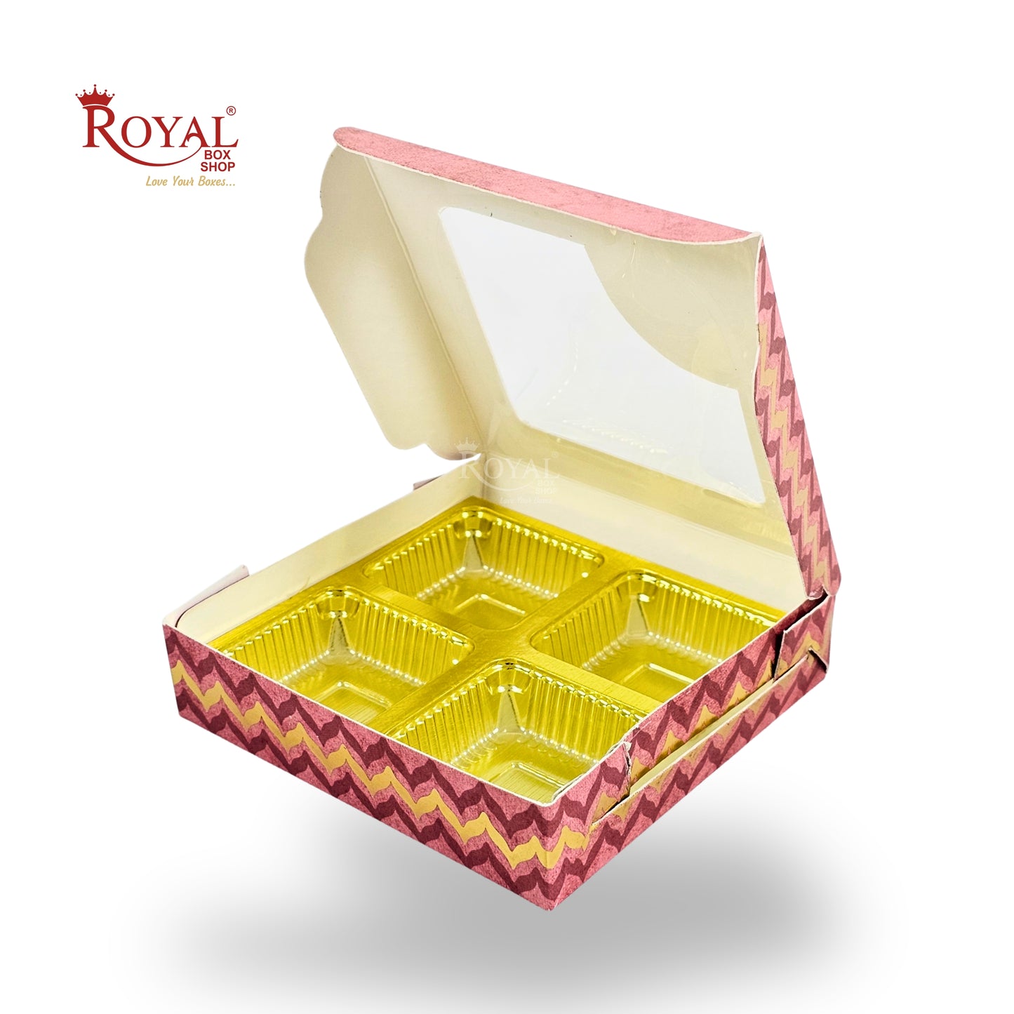 Premium 4 Chocolate Box with Golden Tray | 3.75x3.75x1 inches | Pink
