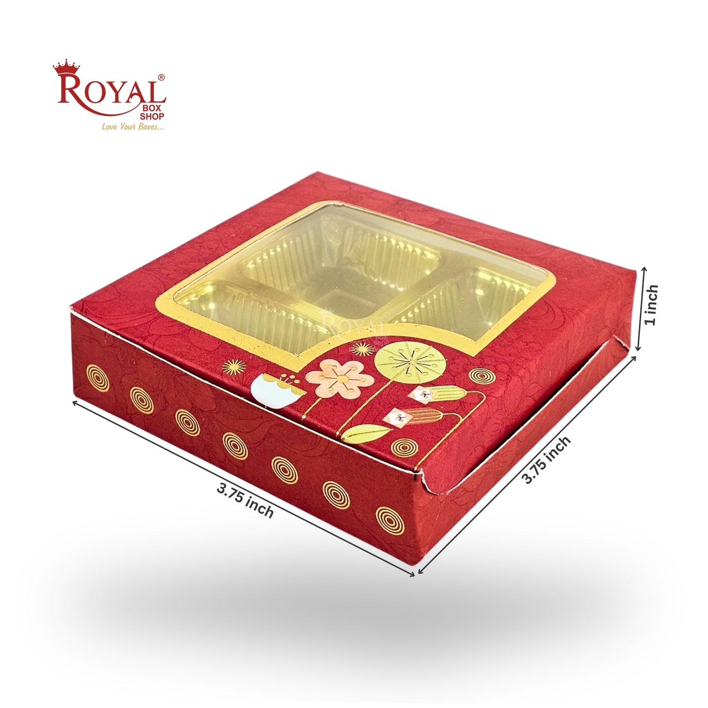 Premium 4 Chocolate Box with Golden Tray | 3.75x3.75x1 inches | Red