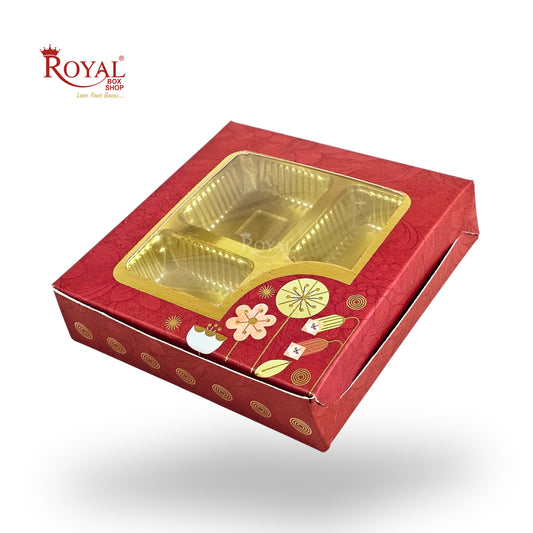 Premium 4 Chocolate Box with Golden Tray | 3.75x3.75x1 inches | Red