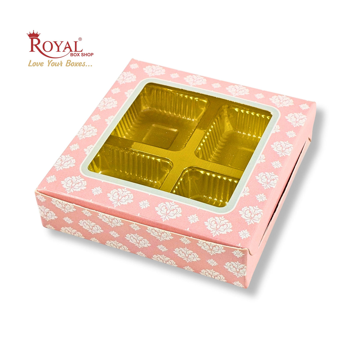4 Cavity Chocolate Boxes with Window I 3.75 x 3.75 x 1 inches I Baby Pink Flower