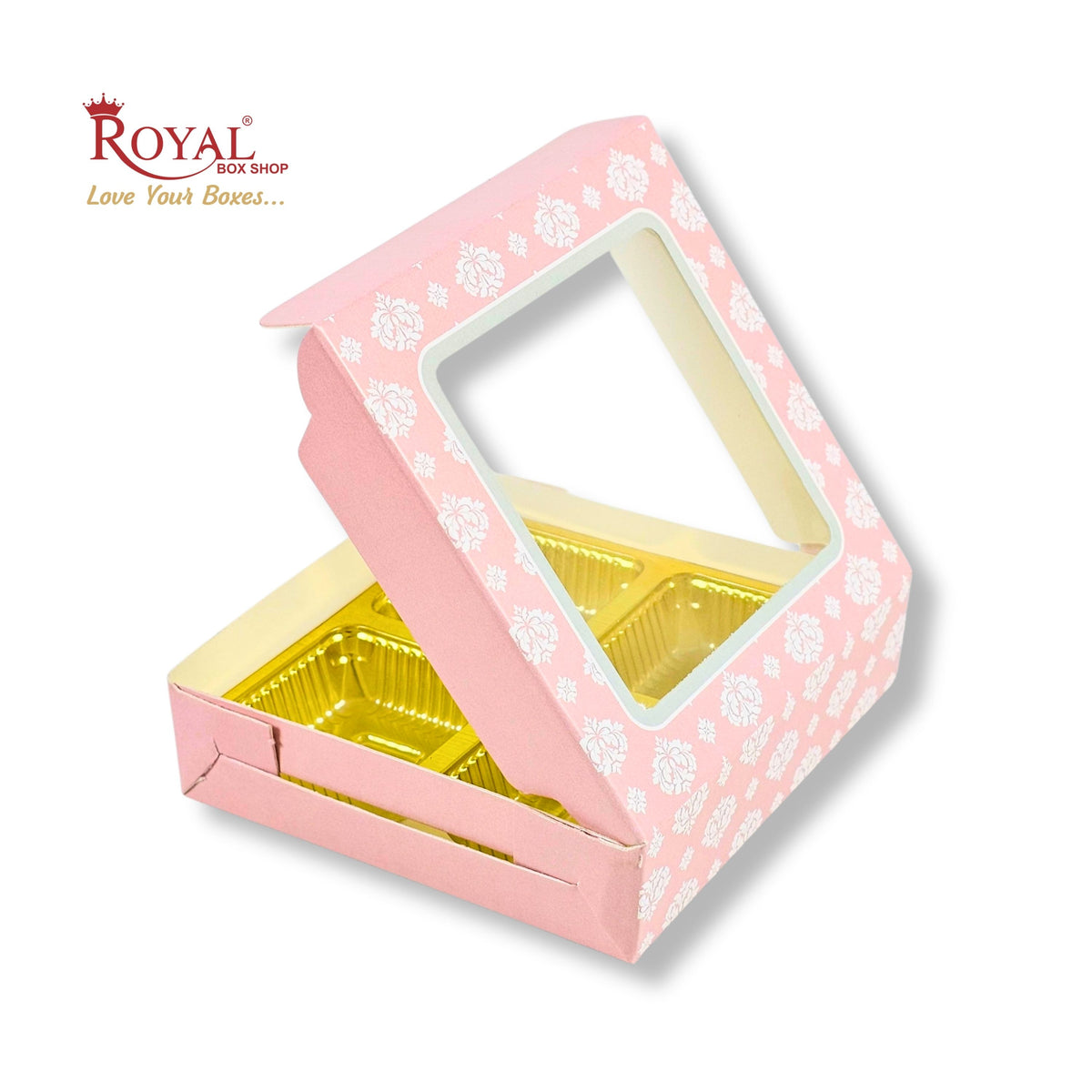 4 Cavity Chocolate Boxes with Window I 3.75 x 3.75 x 1 inches I Baby Pink Flower
