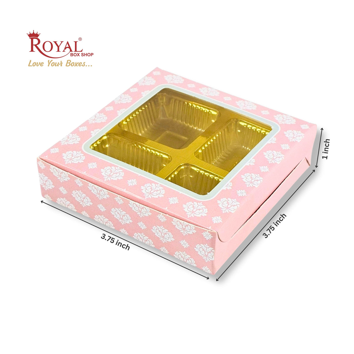4 Cavity Chocolate Boxes with Window I 3.75 x 3.75 x 1 inches I Baby Pink Flower