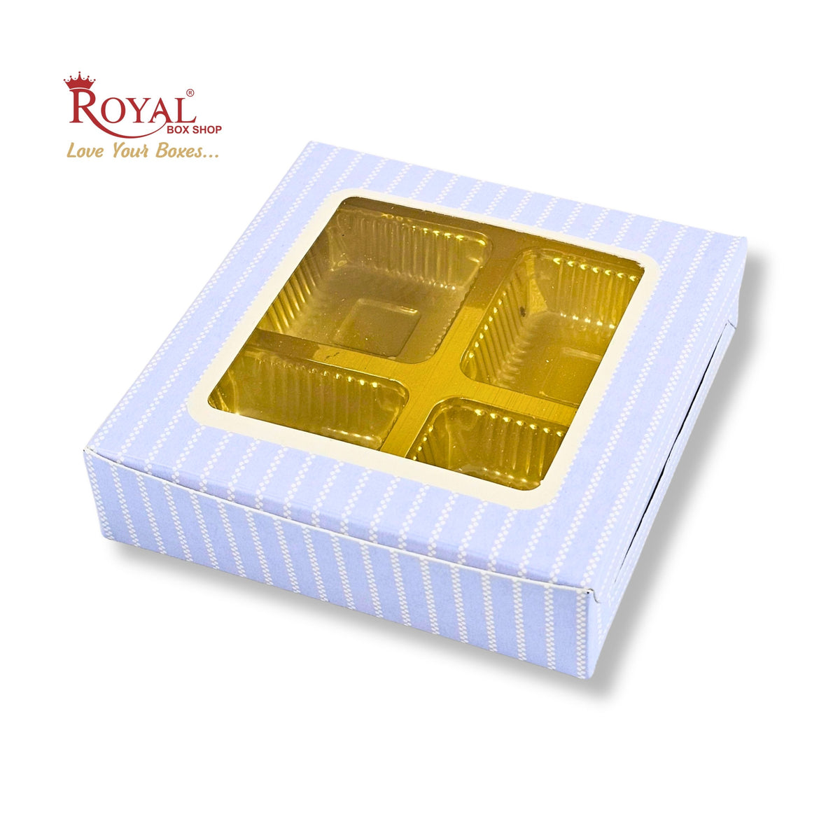 4 Cavity Chocolate Boxes with Window I 3.75 x 3.75 x 1 inches I Blue Stripe