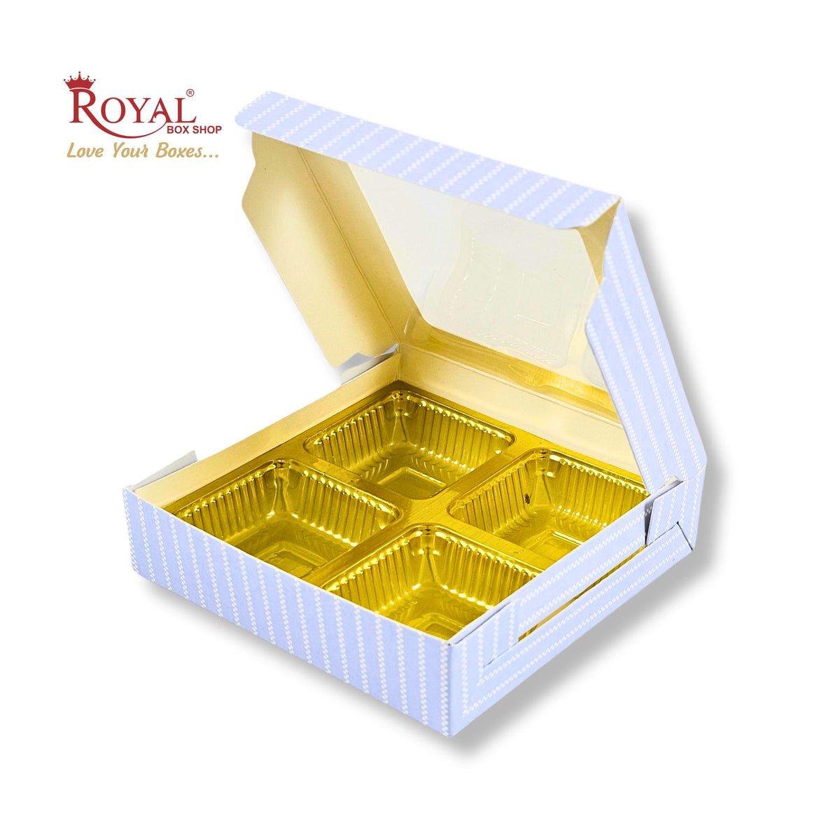 4 Cavity Chocolate Boxes with Window I 3.75 x 3.75 x 1 inches I Blue Stripe