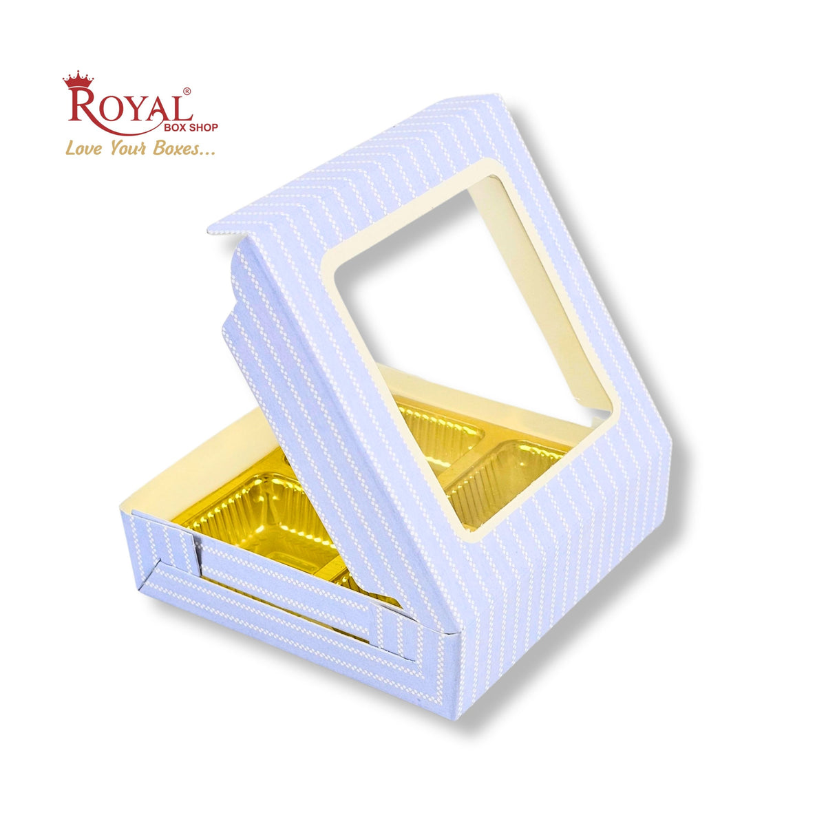 4 Cavity Chocolate Boxes with Window I 3.75 x 3.75 x 1 inches I Blue Stripe