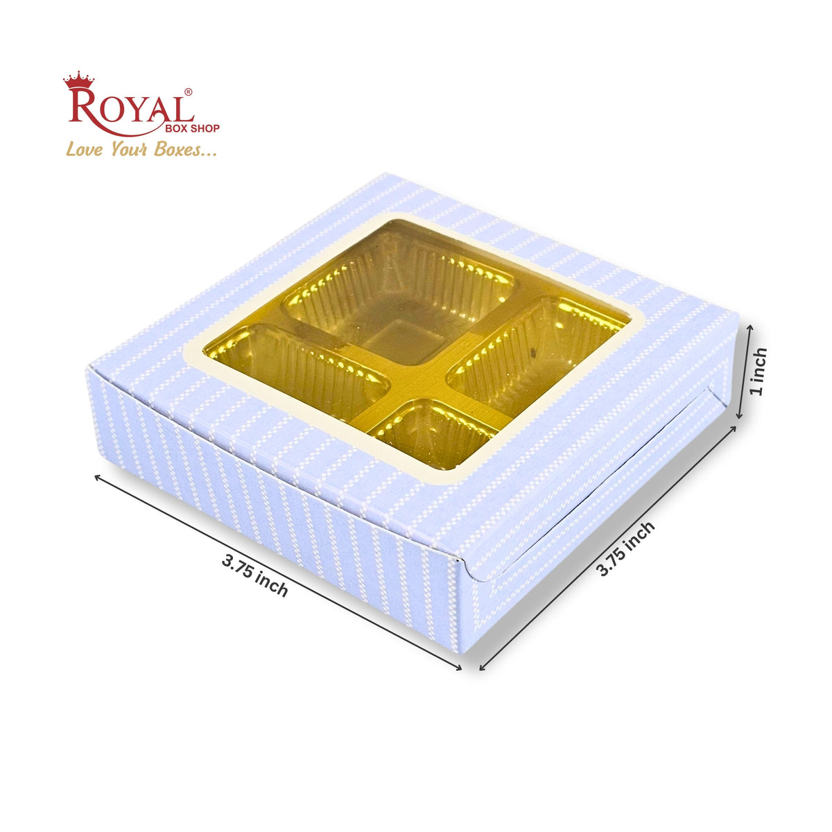 4 Cavity Chocolate Boxes with Window I 3.75 x 3.75 x 1 inches I Blue Stripe
