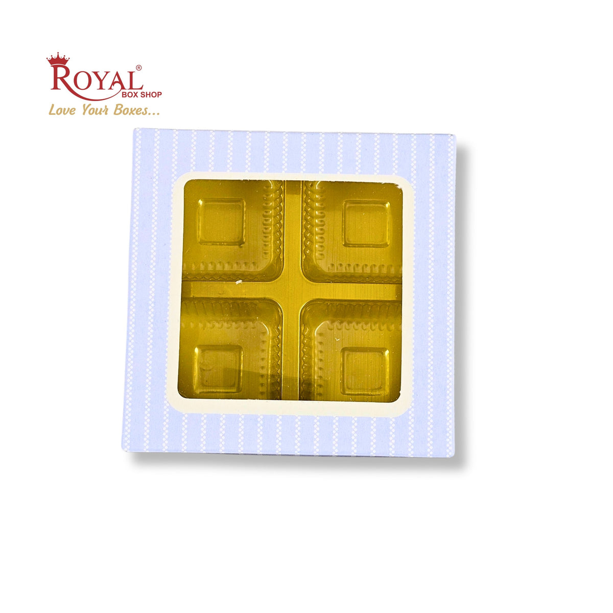 4 Cavity Chocolate Boxes with Window I 3.75 x 3.75 x 1 inches I Blue Stripe