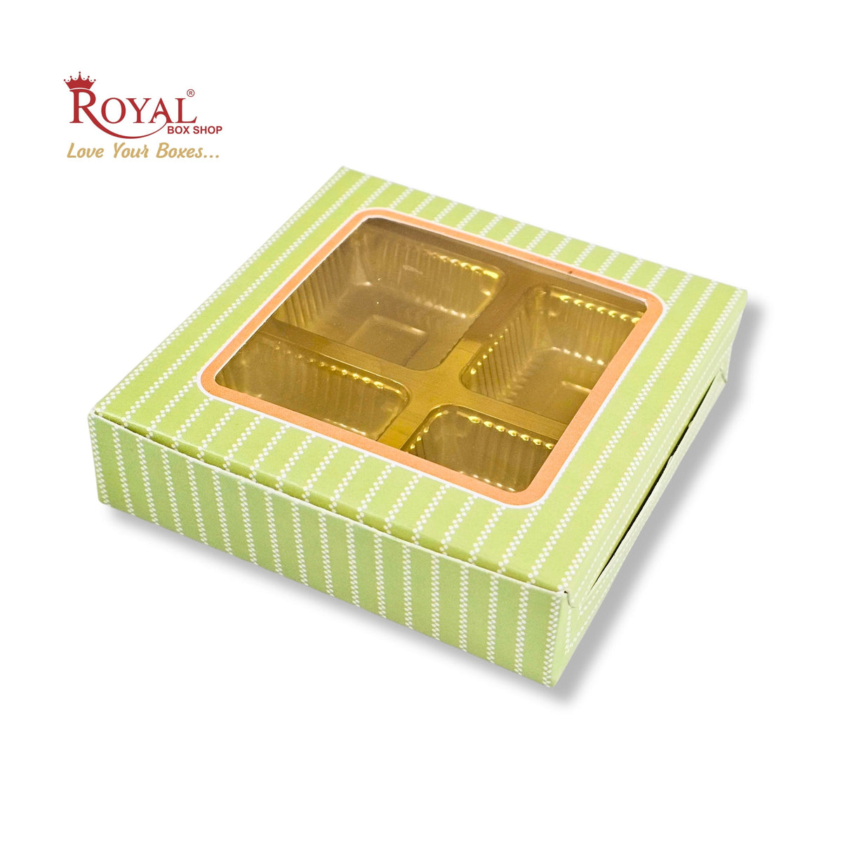 4 Cavity Chocolate Boxes with Window I 3.75 x 3.75 x 1 inches I Green Stripe I B2B