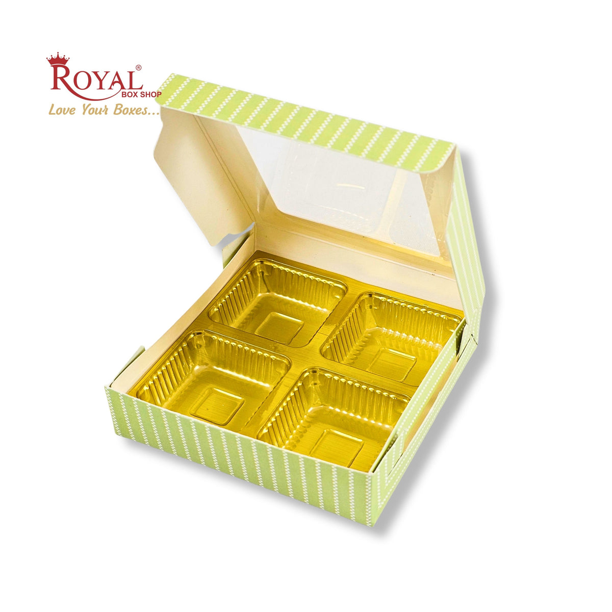 4 Cavity Chocolate Boxes with Window I 3.75 x 3.75 x 1 inches I Green Stripe I B2B