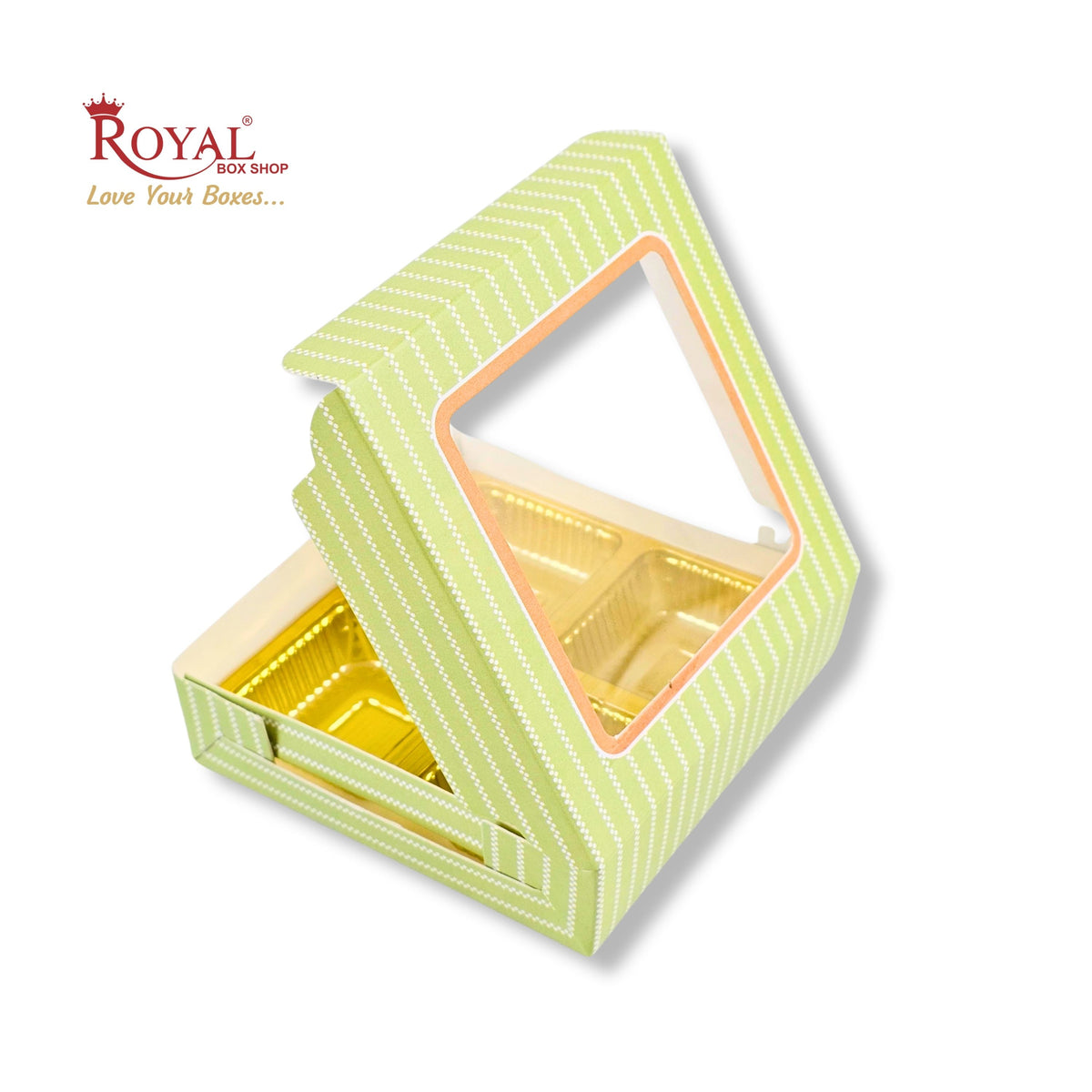 4 Cavity Chocolate Boxes with Window I 3.75 x 3.75 x 1 inches I Green Stripe I B2B