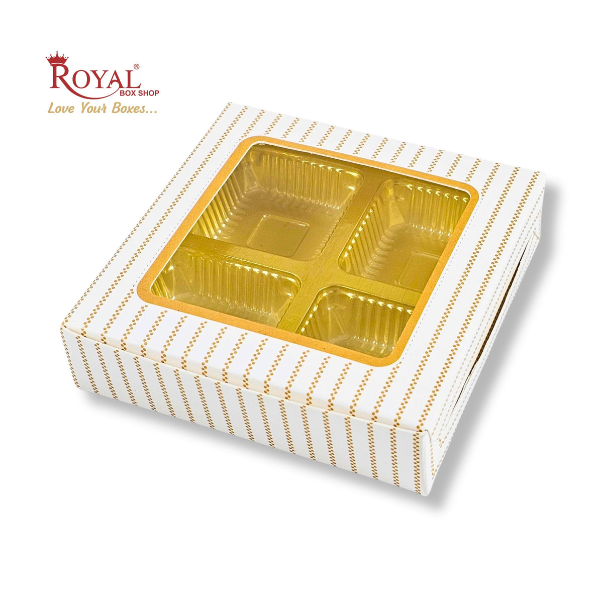 4 Cavity Chocolate Boxes with Window I 3.75 x 3.75 x 1 inches I White Stripe I B2B