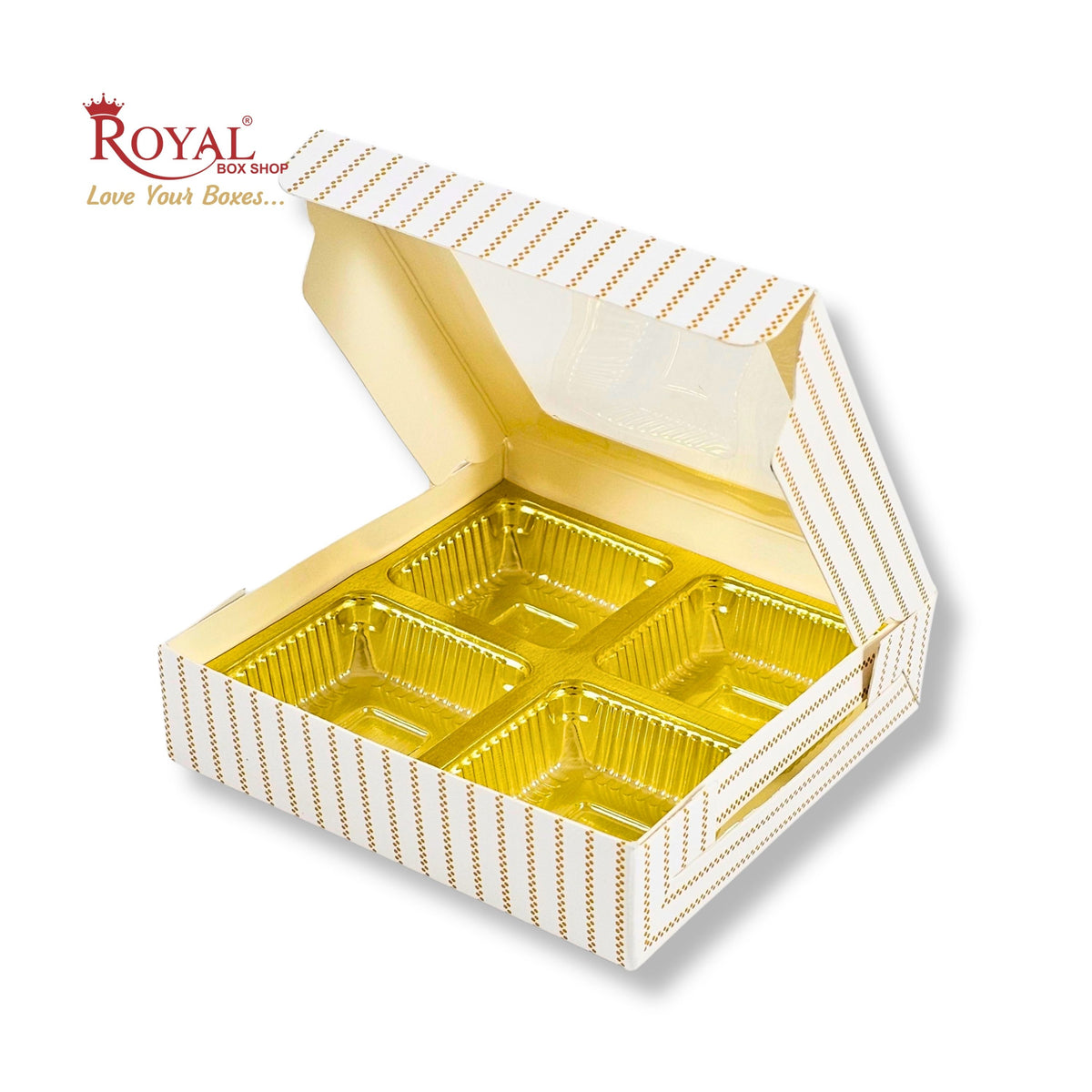 4 Cavity Chocolate Boxes with Window I 3.75 x 3.75 x 1 inches I White Stripe I B2B