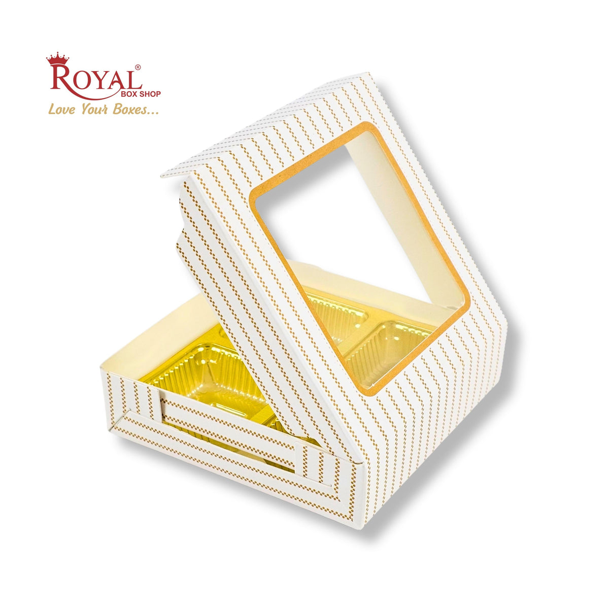 4 Cavity Chocolate Boxes with Window I 3.75 x 3.75 x 1 inches I White Stripe I B2B