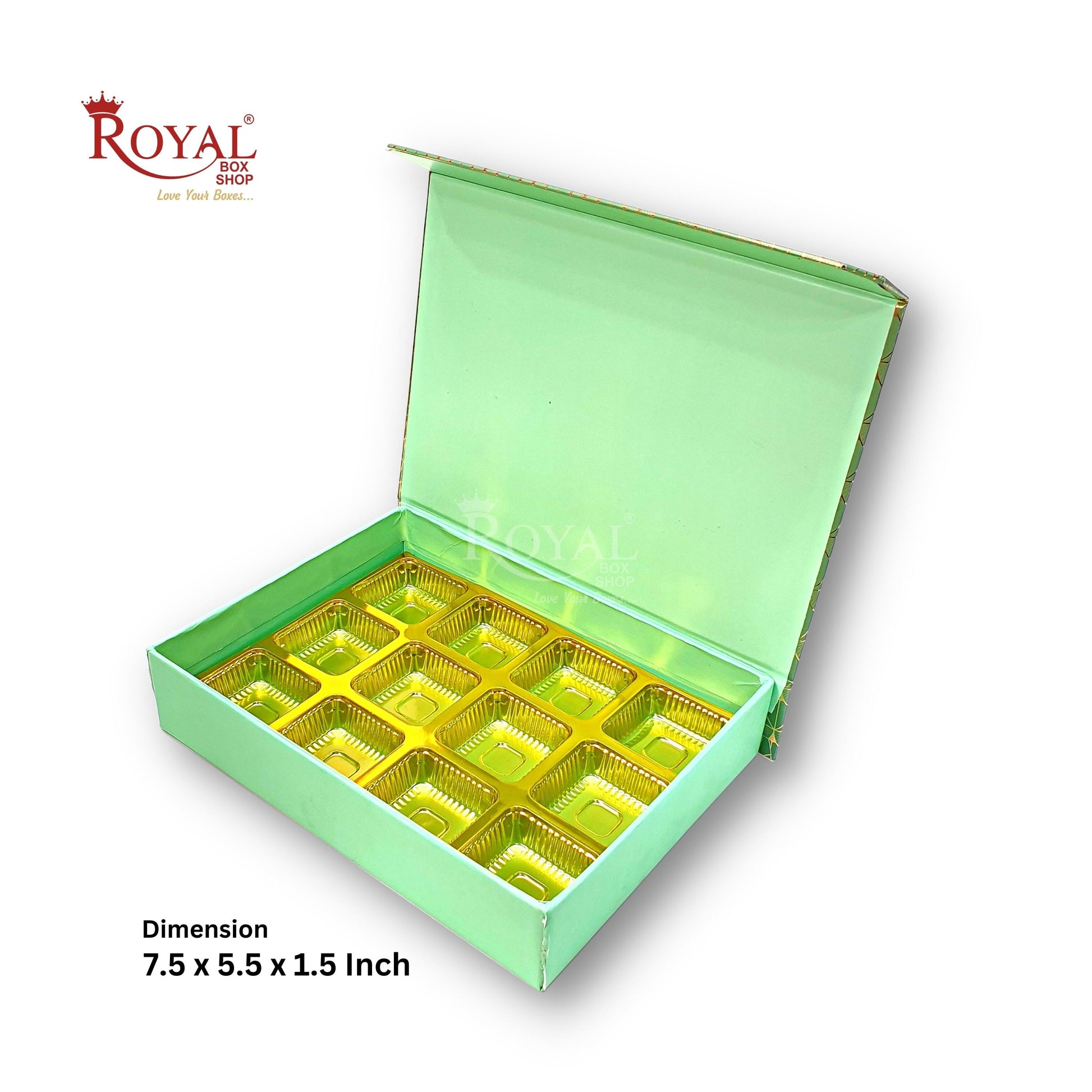 Rigid Chocolate Boxes 12 Cavity With Magnetic Flap I Green with Gold Foiling I 7.5 X 5.5 X 1.5 Inch I Kappa Boxes Royal Box Shop
