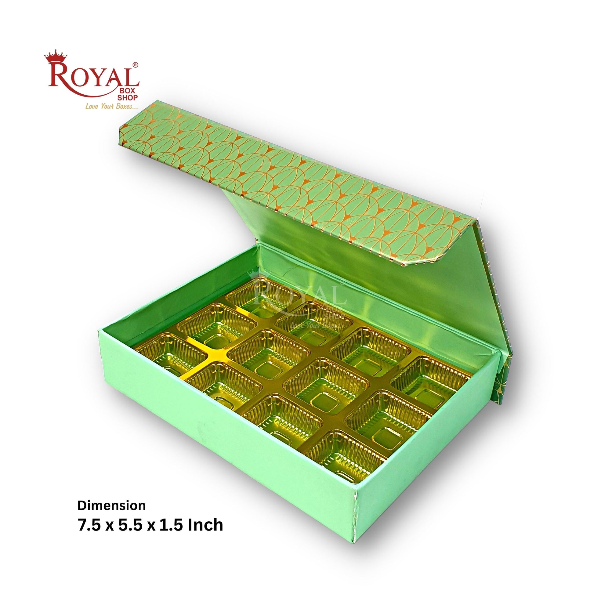 Rigid Chocolate Boxes 12 Cavity With Magnetic Flap I Green with Gold Foiling I 7.5 X 5.5 X 1.5 Inch I Kappa Boxes Royal Box Shop