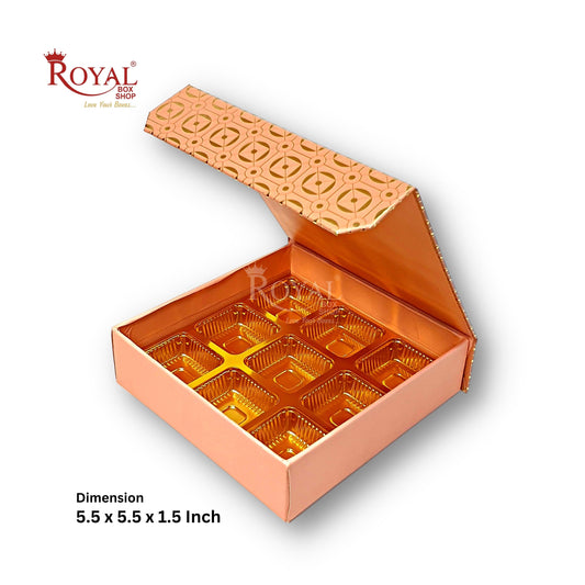 Rigid Chocolate Boxes 9 Cavity With Magnetic Flap I Pink with Gold Foiling I 5.5 X 5.5 X 1.5 Inch Royal Box Shop