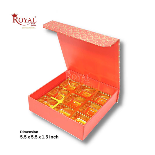 Rigid Chocolate Boxes 9 Cavity With Magnetic Flap I Red with Gold Foiling I 5.5 X 5.5 X 1.5 Inch Royal Box Shop
