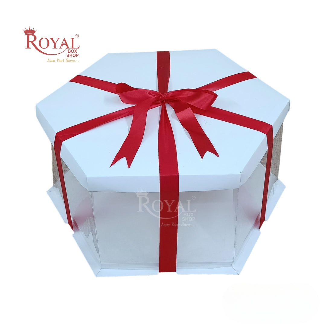Transparent Tall Cake Box with Ribbon I Grey Color I Wedding and Gift Display Royal Box Shop