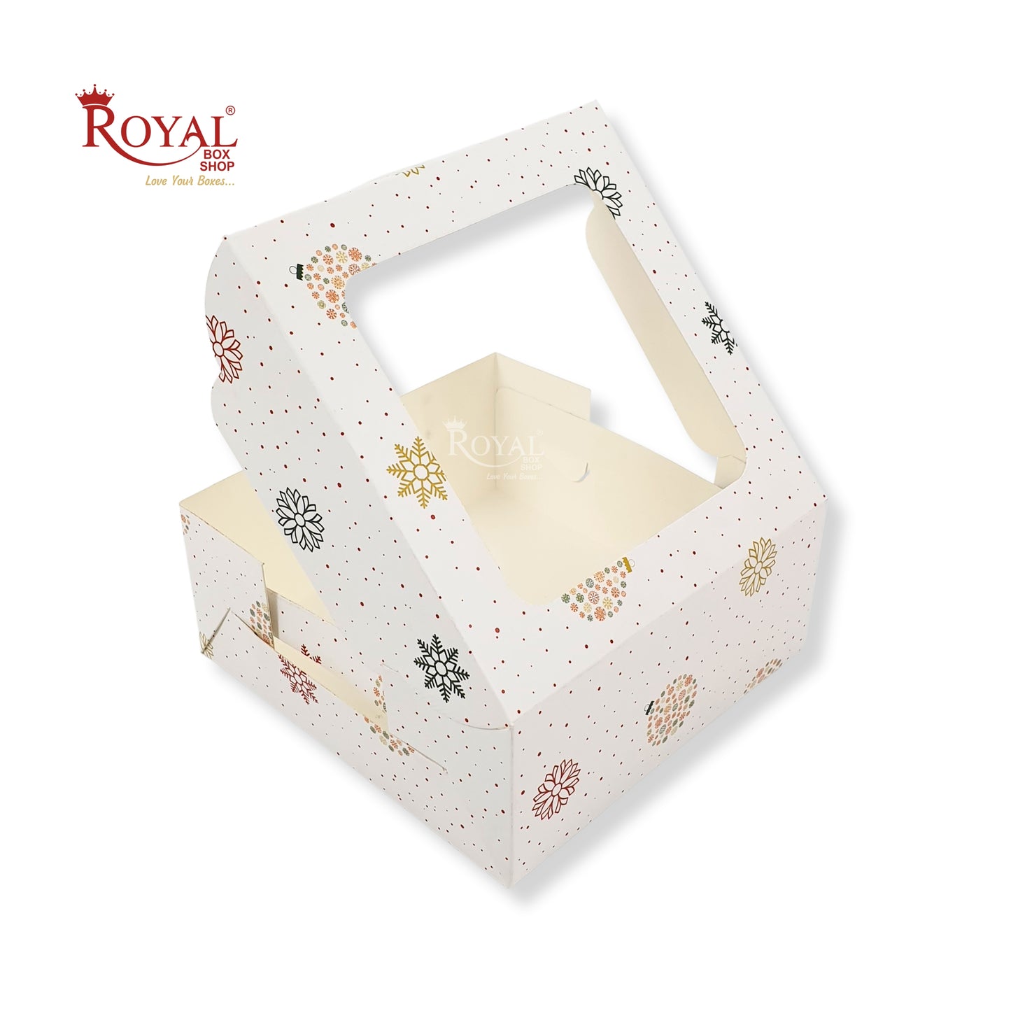 Christmas Theme Dry Cake Box With Window I Size 7x7x3 inch I White I Perfect for Dry Cakes, Chocolates, Cookies, Muffins