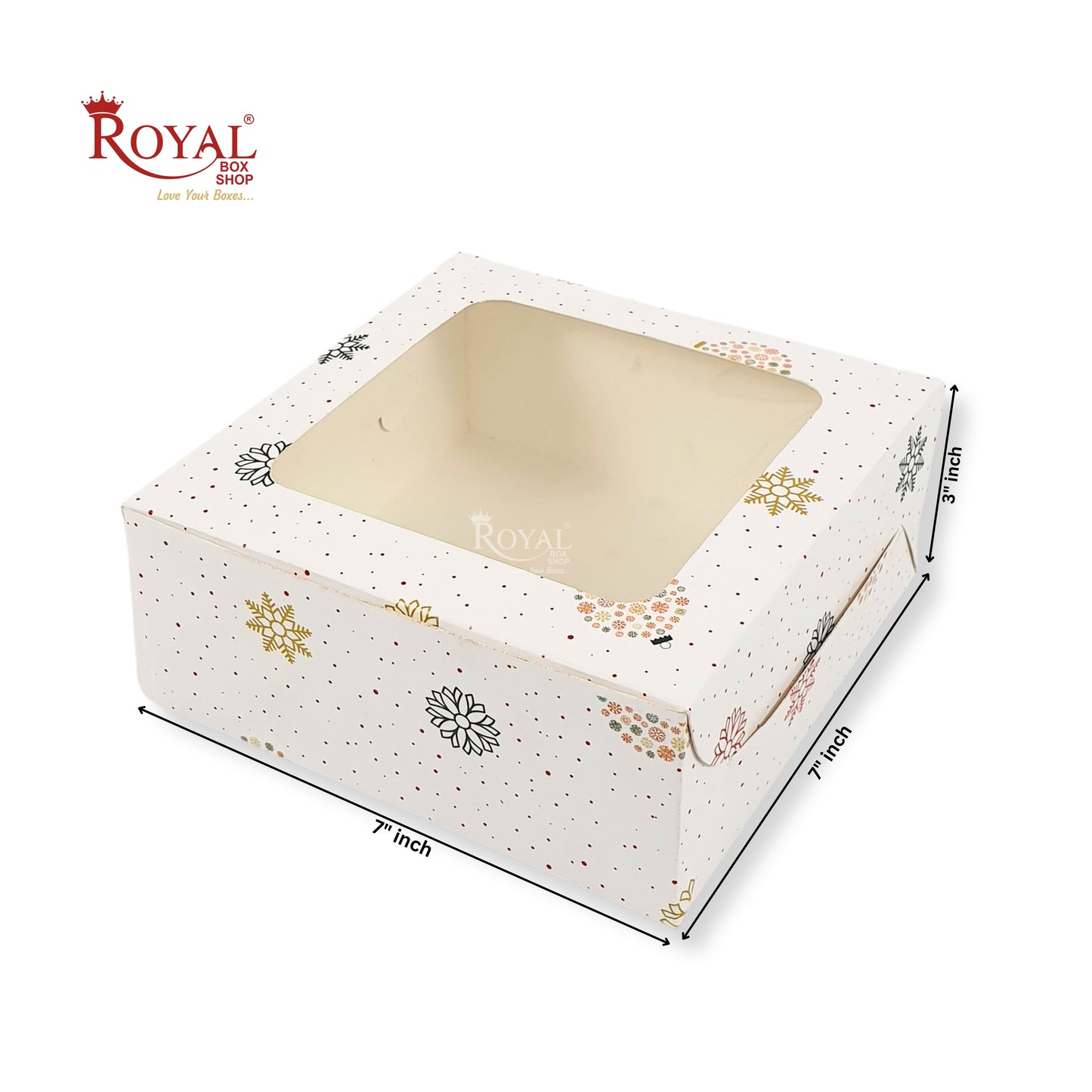 Christmas Theme Dry Cake Box With Window I Size 7x7x3 inch I White I Perfect for Dry Cakes, Chocolates, Cookies, Muffins
