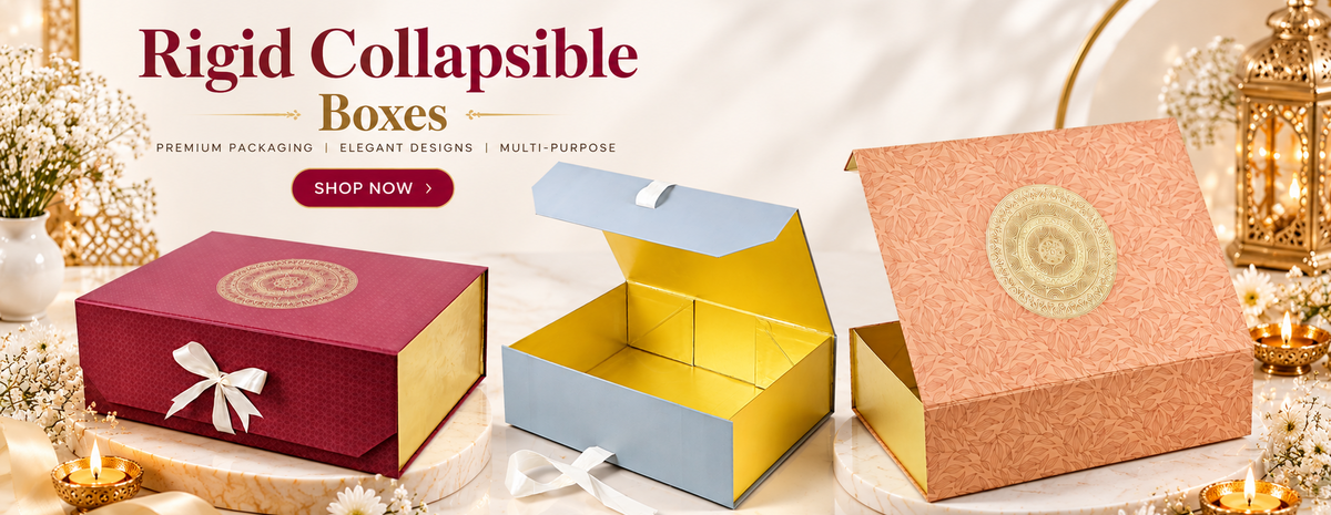 Three rigid collapsible gift boxes displayed in a styled studio setting: one deep burgundy with a white bow and gold inner lining, one open light blue box with a gold interior, and one peach box with a gold circular emblem and gold inner lining. Text at the top reads 'Rigid Collapsible Boxes' with a 'Shop Now' button.