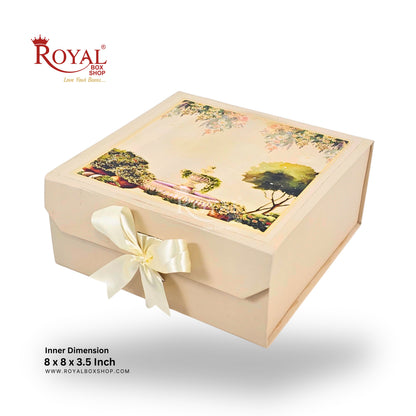 Royal Box Shop® Premium Rigid Gift Box I 8x8x3.5 Inch I Cream I Collapsible with Ribbon