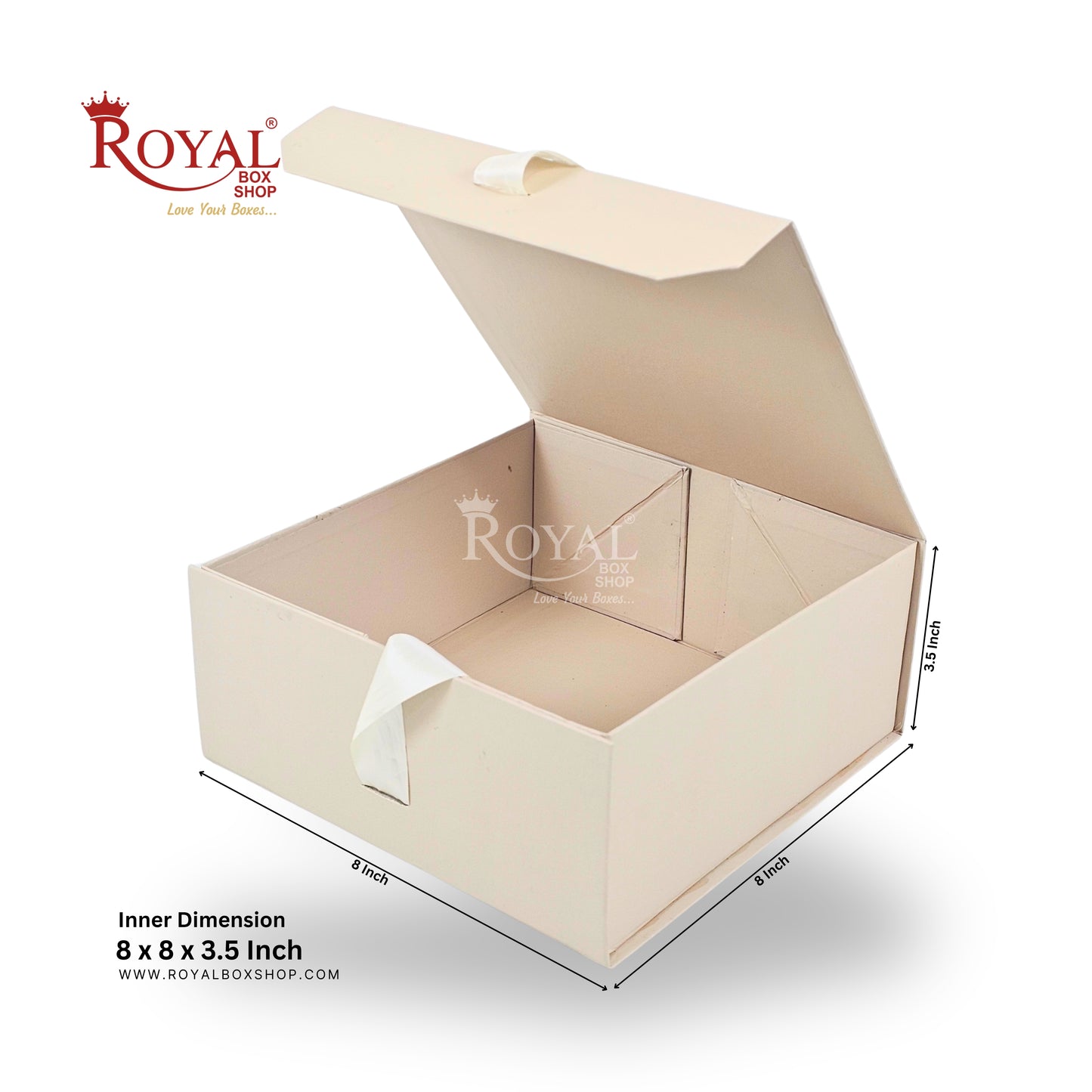 Royal Box Shop® Premium Rigid Gift Box I 8x8x3.5 Inch I Cream I Collapsible with Ribbon