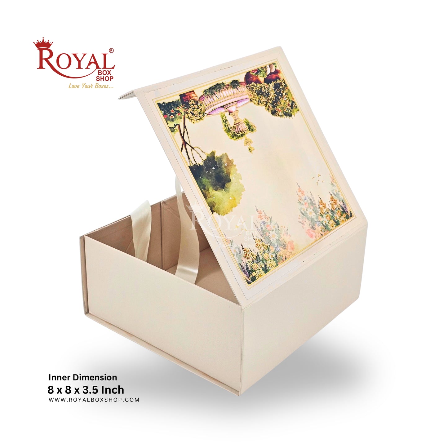 Royal Box Shop® Premium Rigid Gift Box I 8x8x3.5 Inch I Cream I Collapsible with Ribbon