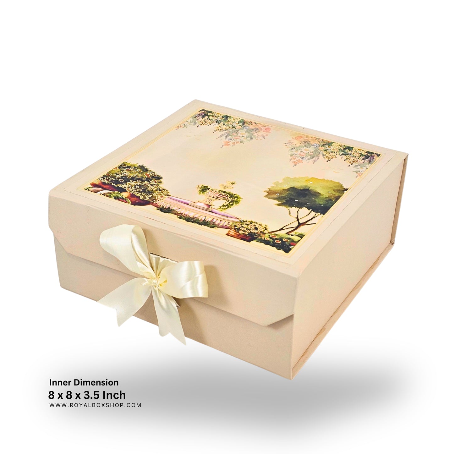Royal Box Shop® Premium Rigid Gift Box I 8x8x3.5 Inch I Cream I Collapsible with Ribbon