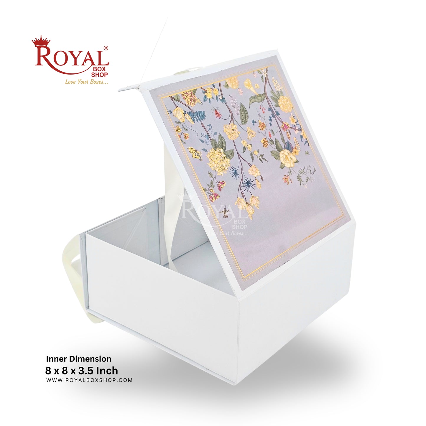 Royal Box Shop® Premium Rigid Gift Box I 8x8x3.5 Inch I Grey I Collapsible with Ribbon