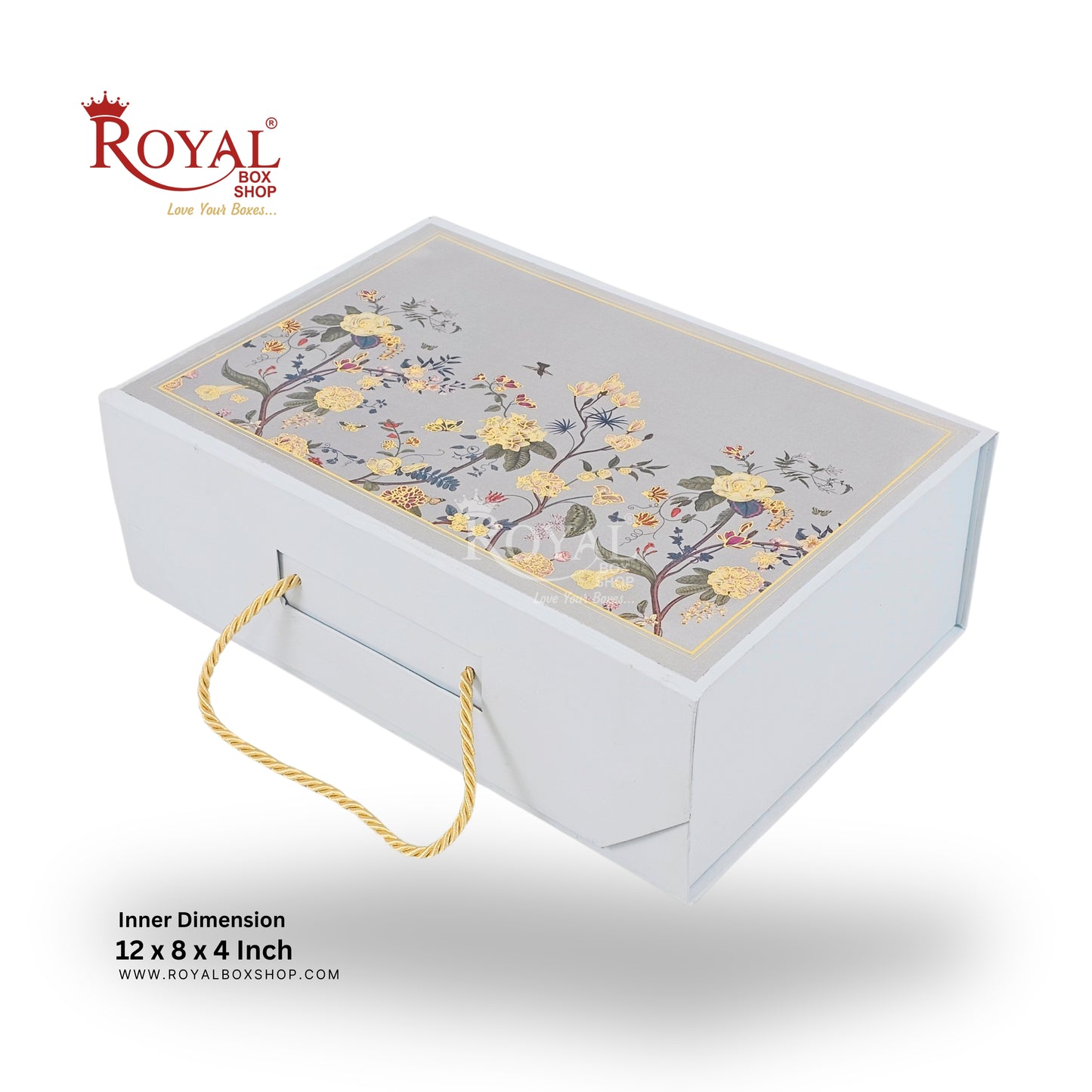Decorative gift box with floral design and handle, featuring 'Royal Box Shop' branding.
