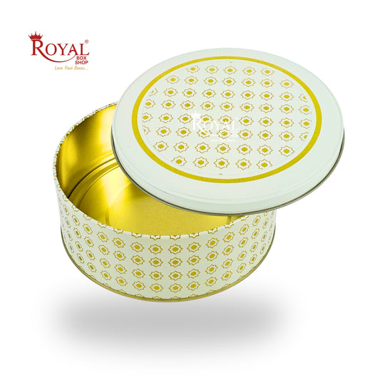 Premium Tin Box I 7"x2.5" Inches I Cream With Golden Print I Perfect for Christmas Gift, Return Gifts, Hamper Box, Storage