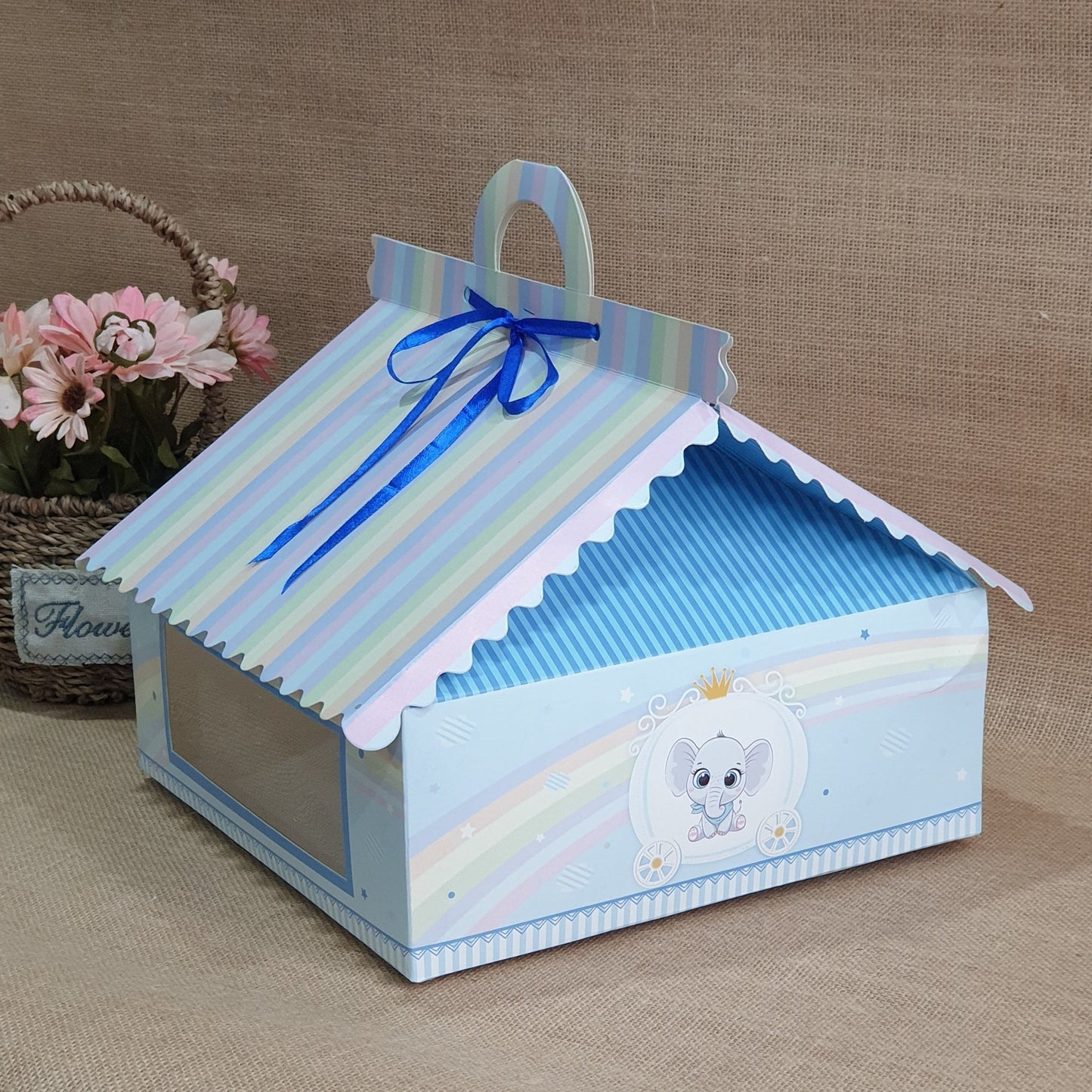 6cc Hut Shape Cupcake Boxes - 10"x6.75"x4" inch  - Theme Elephant Blue